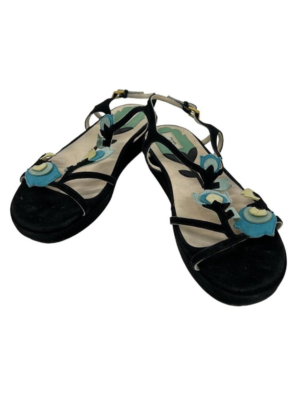★SOLD★ Prada Sandals 37.5 Black Blue Yellow Flower - Picture 2 of 7